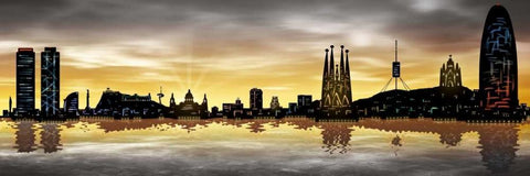 Skyline Barcelona 05 Black Ornate Wood Framed Art Print with Double Matting by Ferriz, Jose