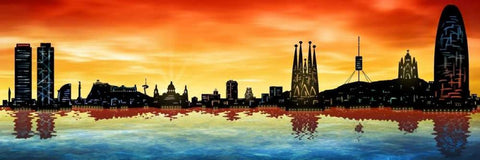Skyline Barcelona 03 Black Ornate Wood Framed Art Print with Double Matting by Ferriz, Jose