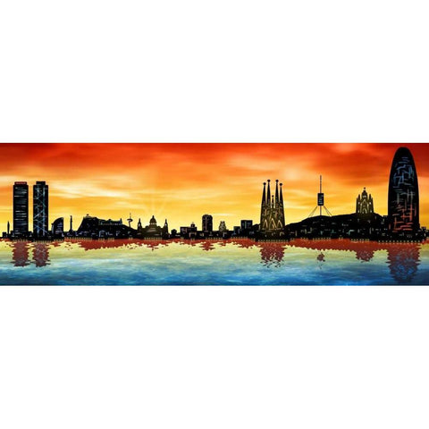 Skyline Barcelona 03 Black Modern Wood Framed Art Print with Double Matting by Ferriz, Jose