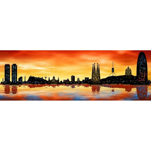 Skyline Barcelona 02 Gold Ornate Wood Framed Art Print with Double Matting by Ferriz, Jose