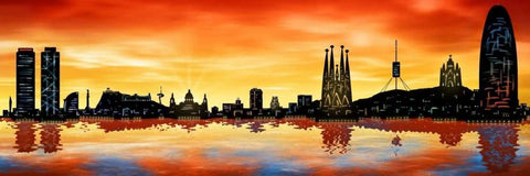 Skyline Barcelona 02 White Modern Wood Framed Art Print with Double Matting by Ferriz, Jose
