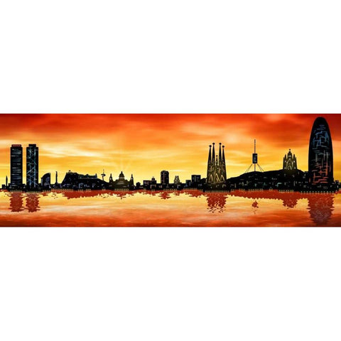 Skyline Barcelona 01 Gold Ornate Wood Framed Art Print with Double Matting by Ferriz, Jose