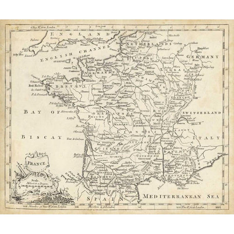 Map of France Gold Ornate Wood Framed Art Print with Double Matting by Jeffreys, T.