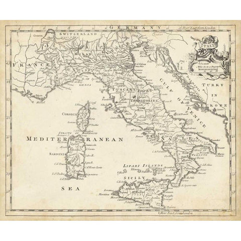 Map of Italy Black Modern Wood Framed Art Print with Double Matting by Jeffreys, T.