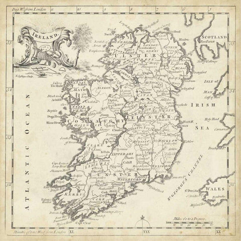 Map of Ireland Black Modern Wood Framed Art Print with Double Matting by Jeffreys, T.