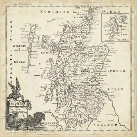 Map of Scotland White Modern Wood Framed Art Print by Jeffreys, T.