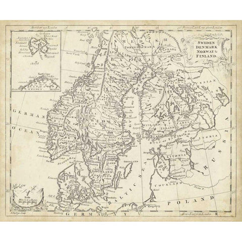 Map of Sweden and Denmark Gold Ornate Wood Framed Art Print with Double Matting by Jeffreys, T.