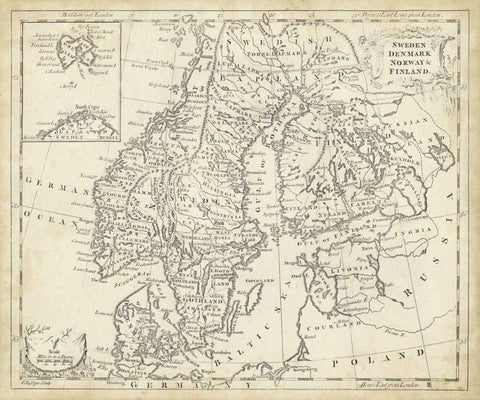 Map of Sweden and Denmark White Modern Wood Framed Art Print with Double Matting by Jeffreys, T.