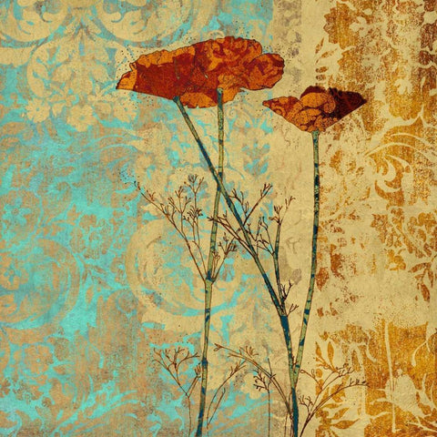 Poppies and Damask II Black Ornate Wood Framed Art Print with Double Matting by Montillio, Louise