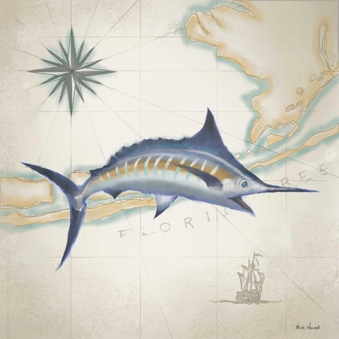 Sailfish Map I White Modern Wood Framed Art Print with Double Matting by Novak, Rick