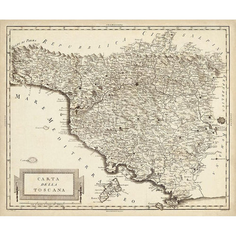 Antique Map of Tuscany Gold Ornate Wood Framed Art Print with Double Matting by Unknown