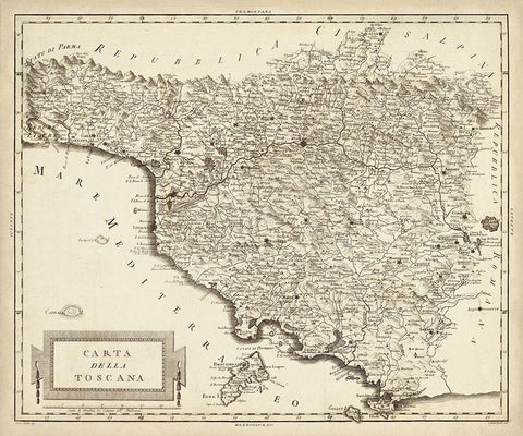 Antique Map of Tuscany Black Ornate Wood Framed Art Print with Double Matting by Unknown