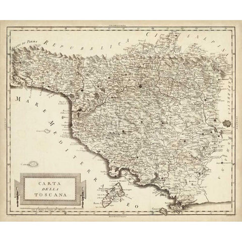 Antique Map of Tuscany  Gold Ornate Wood Framed Art Print with Double Matting by Unknown