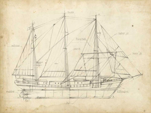 Sailboat Blueprint II Black Ornate Wood Framed Art Print with Double Matting by Harper, Ethan
