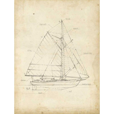 Sailboat Blueprint III Gold Ornate Wood Framed Art Print with Double Matting by Harper, Ethan