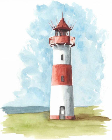 Watercolor Lighthouse II White Modern Wood Framed Art Print with Double Matting by McCavitt, Naomi