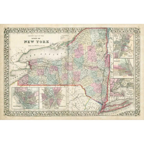 Johnsons Map of New York Gold Ornate Wood Framed Art Print with Double Matting by Johnson