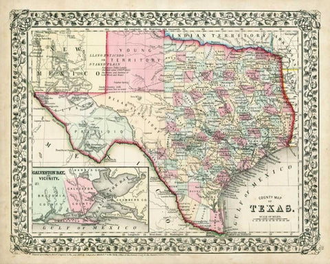 Johnsons Map of Texas White Modern Wood Framed Art Print with Double Matting by Johnson