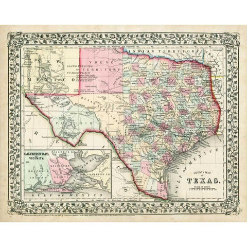 Johnsons Map of Texas Gold Ornate Wood Framed Art Print with Double Matting by Johnson