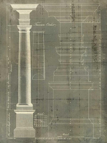 Column Blueprint III Black Ornate Wood Framed Art Print with Double Matting by Sheraton, Thomas