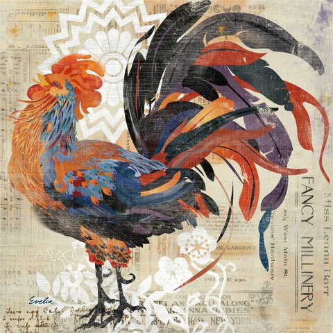 Rooster Flair V Black Ornate Wood Framed Art Print with Double Matting by Evelia Designs