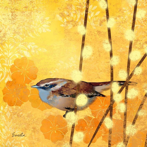 Wren on Yellow I Black Modern Wood Framed Art Print with Double Matting by Evelia Designs