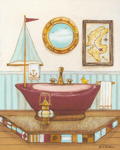 Nautical Bath I Black Ornate Wood Framed Art Print with Double Matting by Russell, Wendy