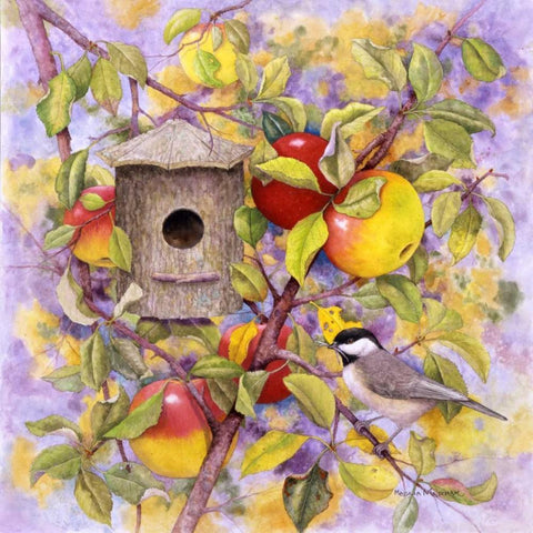 Chickadee and Apples Black Modern Wood Framed Art Print by Matcham, Marcia