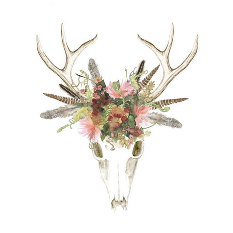 Deer Skull and Flowers I White Modern Wood Framed Art Print by McCavitt, Naomi