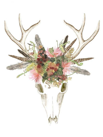 Deer Skull and Flowers I White Modern Wood Framed Art Print with Double Matting by McCavitt, Naomi