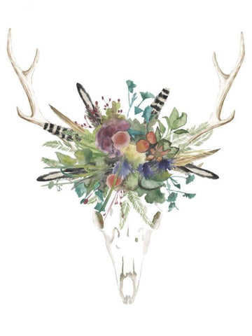 Deer Skull and Flowers II White Modern Wood Framed Art Print with Double Matting by McCavitt, Naomi