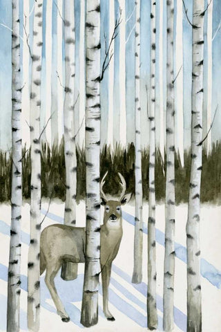 Deer in Snowfall I White Modern Wood Framed Art Print with Double Matting by Popp, Grace