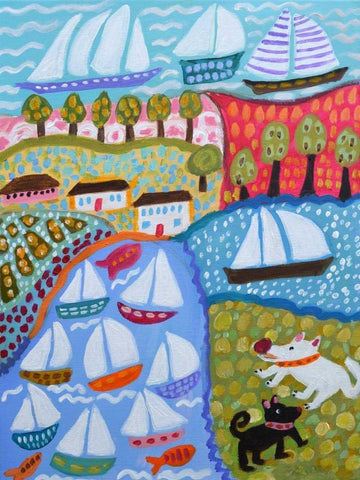 Dogs and Sailboats Black Ornate Wood Framed Art Print with Double Matting by Fields, Karen