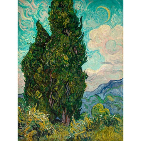 Cypresses I Gold Ornate Wood Framed Art Print with Double Matting by Van Gogh, Vincent