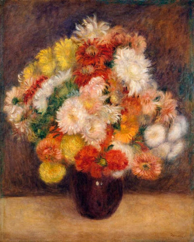 Bouquet of Chrysanthemums White Modern Wood Framed Art Print with Double Matting by Renoir, Pierre-Auguste