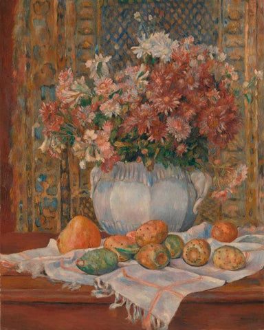 Still Life with Flowers and Prickly Pears Black Ornate Wood Framed Art Print with Double Matting by Renoir, Pierre-Auguste
