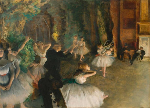 The Rehearsal of the Ballet Onstage White Modern Wood Framed Art Print with Double Matting by Degas, Edgar
