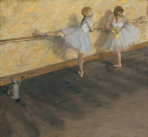 Dancers Practicing at the Barre White Modern Wood Framed Art Print with Double Matting by Degas, Edgar