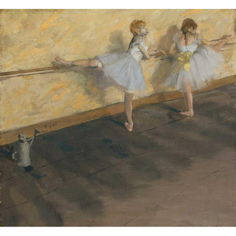 Dancers Practicing at the Barre Black Modern Wood Framed Art Print with Double Matting by Degas, Edgar