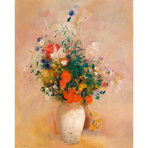 Vase of Flowers (Pink Background) White Modern Wood Framed Art Print by Redon, Odilon