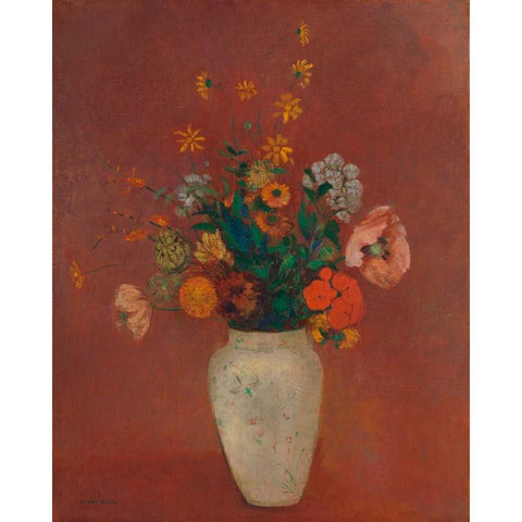 Bouquet in a Chinese Vase Black Modern Wood Framed Art Print with Double Matting by Redon, Odilon