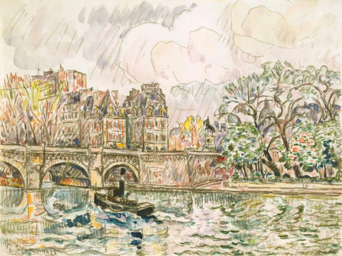 Paris Le Place Dauphine White Modern Wood Framed Art Print with Double Matting by Signac, Paul