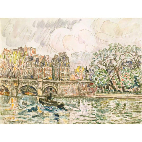 Paris Le Place Dauphine White Modern Wood Framed Art Print by Signac, Paul