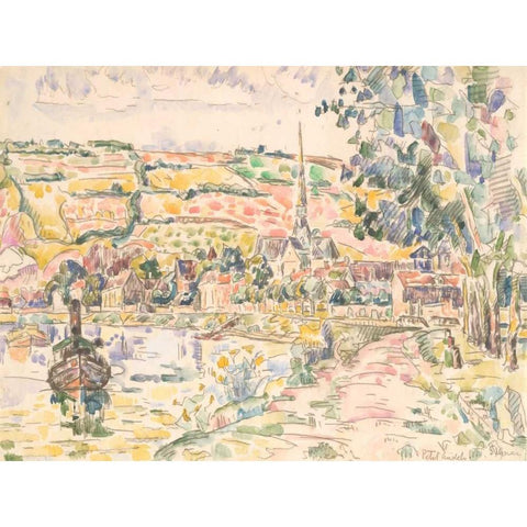Petit Andely-The River Bank Black Modern Wood Framed Art Print with Double Matting by Signac, Paul