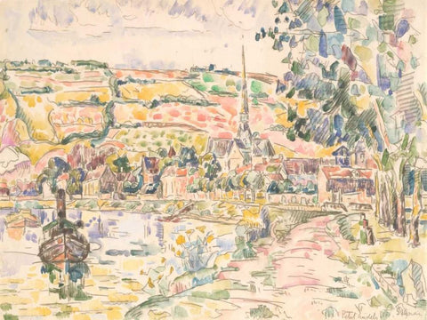 Petit Andely-The River Bank White Modern Wood Framed Art Print with Double Matting by Signac, Paul