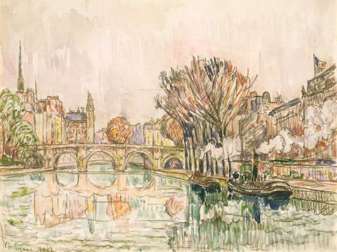 The Pont Neuf, Paris White Modern Wood Framed Art Print with Double Matting by Signac, Paul
