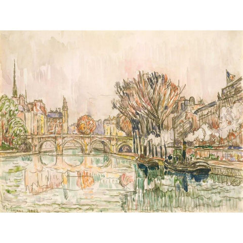 The Pont Neuf, Paris Black Modern Wood Framed Art Print by Signac, Paul