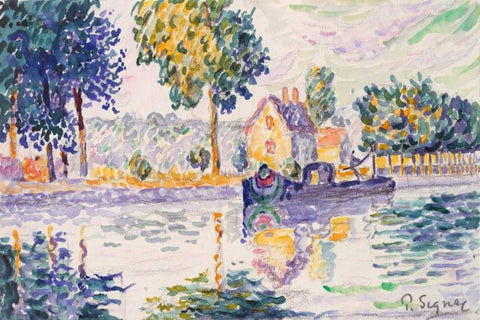 View of the Seine, Samois White Modern Wood Framed Art Print with Double Matting by Signac, Paul