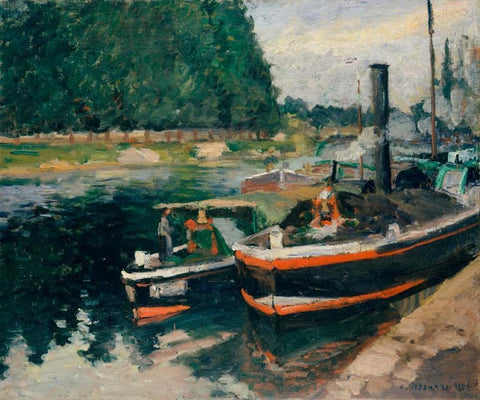 Barges at Pontoise White Modern Wood Framed Art Print with Double Matting by Pissarro, Camille