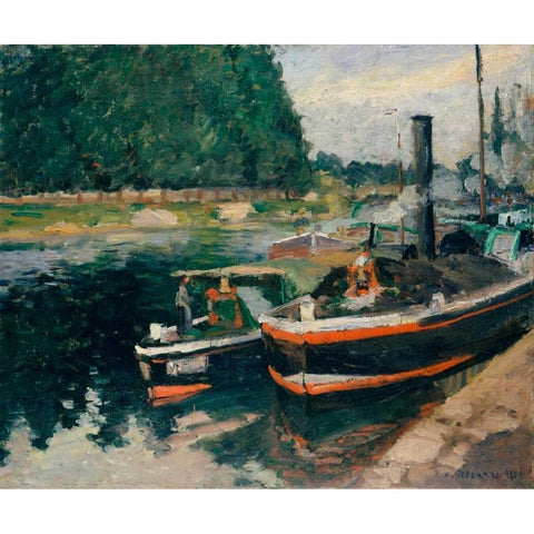 Barges at Pontoise White Modern Wood Framed Art Print by Pissarro, Camille